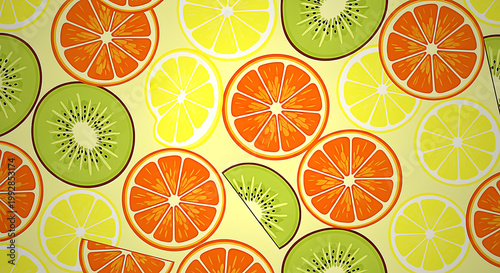 Vibrant seamless pattern of stylized summer fruit slices including oranges lemons and kiwis on a bright yellow background perfect for design projects