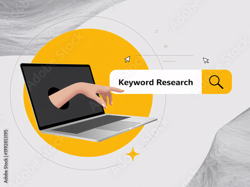 A hand interacting with a laptop and search bar for keyword research