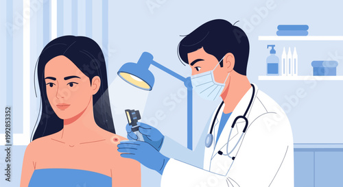 Dermatologist Examining Mole on Patient with Dermatoscope for Skin Cancer Screening and Preventative Healthcare Illustration