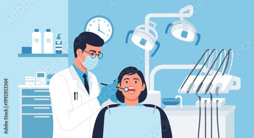 Dentist Examining Female Patient in Modern Dental Clinic Flat Vector Illustration