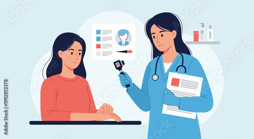 Female Dermatologist Examining Patient's Skin with Dermatoscope for Mole Check and Allergy Diagnosis, Flat Vector Illustration of Medical Consultation in Dermatology Clinic.
