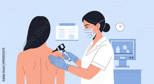 Dermatologist Examining Patient's Skin with Dermatoscope for Mole Check Vector Illustration