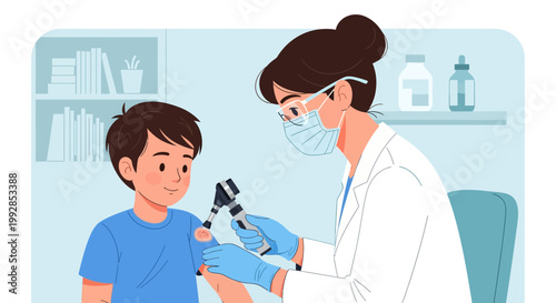 Female Dermatologist Examining Child's Skin with Dermatoscope in Clinic Illustration