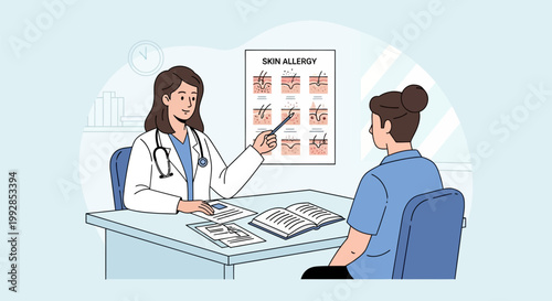 Dermatologist Consulting Patient About Skin Allergy Conditions in Medical Clinic Vector Illustration