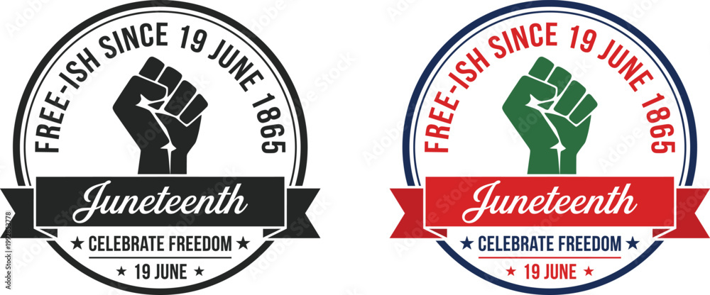 Obraz premium Juneteenth celebrate freedom badges with fists and ribbons on white background
