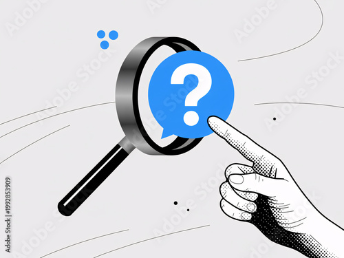A hand holding a magnifying glass with a question mark in a speech bubble, symbolizing search and inquiry.