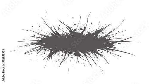 Dark grey ink splatter splash with sharp spiky edges and small dots