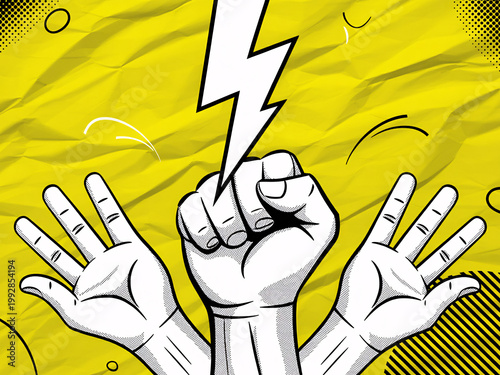 A powerful illustration of raised fists with a lightning bolt on a vibrant yellow background