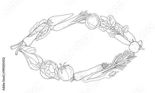 Oval frame of line vegetables and herbs white