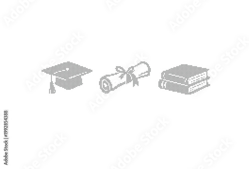 Minimalist education icon set, gray graduation cap and academic diploma scroll, stack of school books vector, university learning symbols