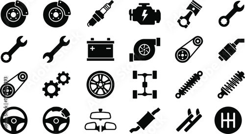 Comprehensive Set of Automotive Parts and Car Repair Icons Featuring Engine Components, Braking Systems, Tools, and Maintenance Symbols for Professional Garage Services and Industrial Engineering.