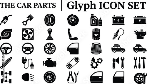 Collection of Black Glyph Car Parts Icons Featuring Engine Components Maintenance Tools and Interior Accessories for Automotive Repair Service Marketing and Professional Technical Graphic Design.