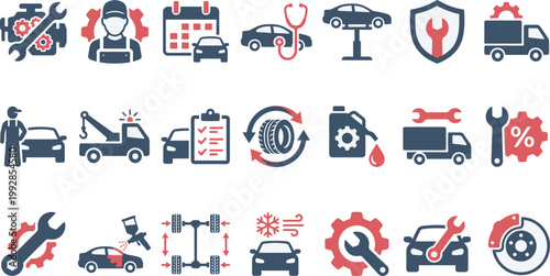 Comprehensive Flat Icon Set for Car Service Maintenance and Automotive Repair Featuring Mechanics Towing Painting Tire Rotation and Diagnostic Symbols for Professional Business Marketing.