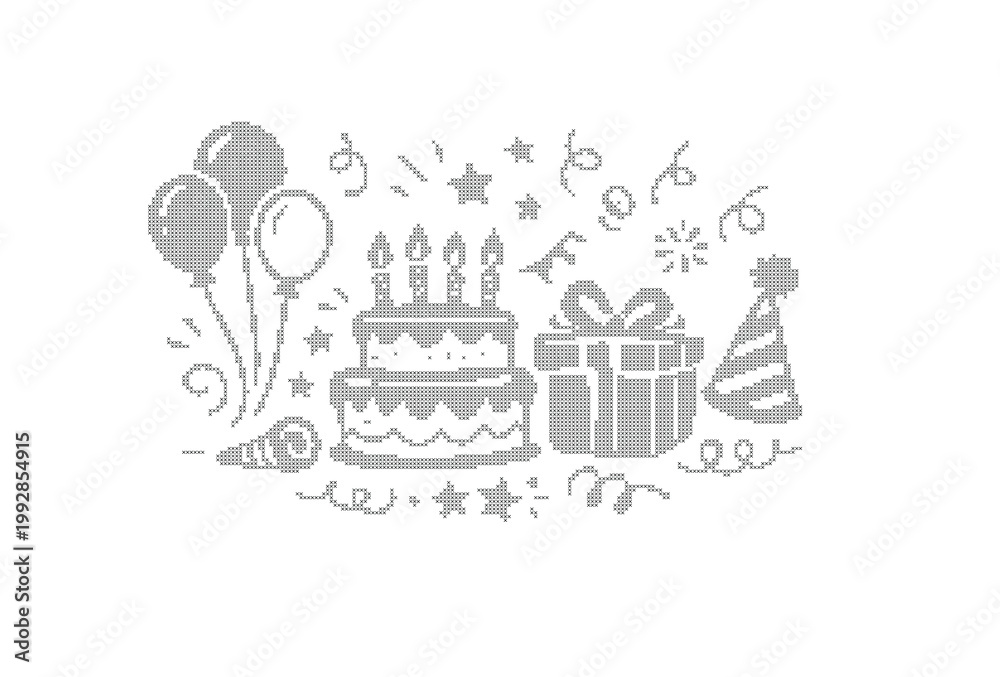 Naklejka premium Hand-drawn birthday celebration doodle, festive party elements with cake and balloons, whimsical anniversary vector illustration, grey line art icons