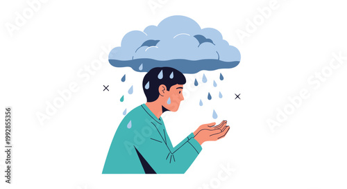 Depressed man walking under a dark personal rain cloud symbolizes mental health struggles and sadness in daily life.