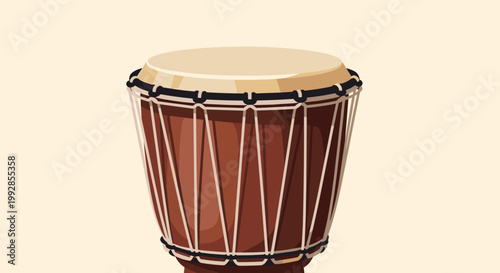 Traditional wooden djembe drum with intricate rope tuning shown in realistic detailed solo percussion illustration.
