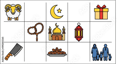 Islamic holiday icons and symbols including Eid al-Adha traditions and cultural representations