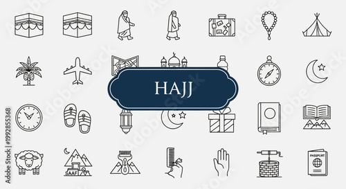 Collection of Islamic Hajj pilgrimage icons and symbols representing important rituals and aspects of the journey
