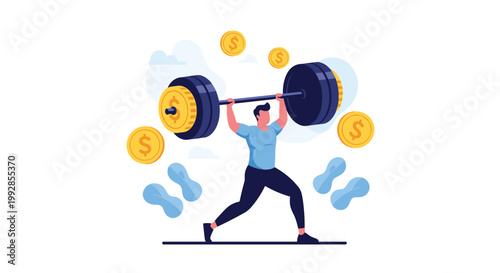 Strong man lifting heavy barbell weighted with gold coins represents financial strength and economic power icons.