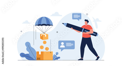 Creative professional man holding a giant pen stands near delivery boxes with a parcel dropping by parachute from the sky.