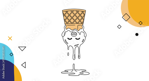 Funny cartoon illustration shows an upside down melting ice cream cone with a cute sleeping face on the white scoop.