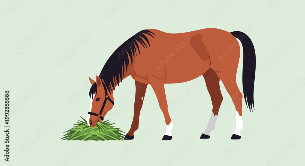 Fototapeta premium Realistic flat illustration of a brown horse with white markings peacefully grazing on a pile of green grass on a light background.