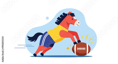 Athletic horse wearing a yellow jersey and blue shorts runs across a field while chasing after a brown rugby ball.