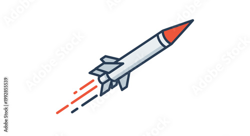 Sleek modern rocket with a red nose cone launches into the air leaving a trail of orange and blue fire behind it.