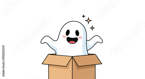 Friendly white ghost with rosy cheeks and a happy smile pops out of a cardboard box with glowing stars around it.