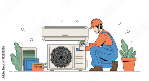 Professional technician in uniform and safety helmet repairing an outdoor air conditioning unit in a clean and modern flat vector illustration.