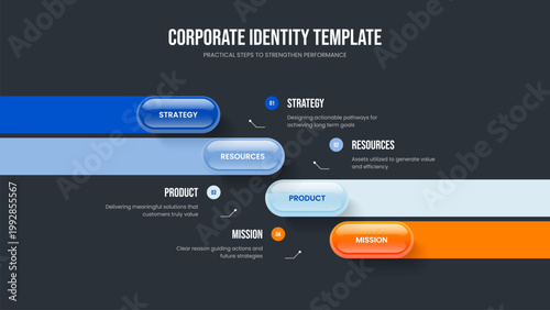 Market Report 4 Step Infographic Frame Layout. Project Briefing Four Element Diagram Presentation Design. Product Introduction Slideshow Template Vector Illustration.