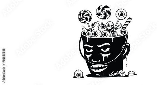 Macabre black and white illustration of a bucket featuring a face filled with creepy eyeballs, lollipops, and candy for a horror theme.