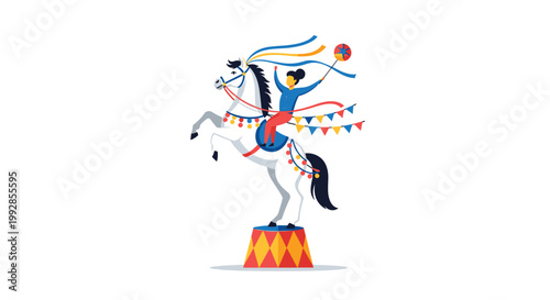 Majestic white circus horse reared up on a decorative pedestal with a rider performing under colorful festive banners and flags.