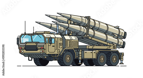 Detailed illustration of a heavy military missile launcher truck carrying multiple missiles in a realistic olive drab camouflage style.