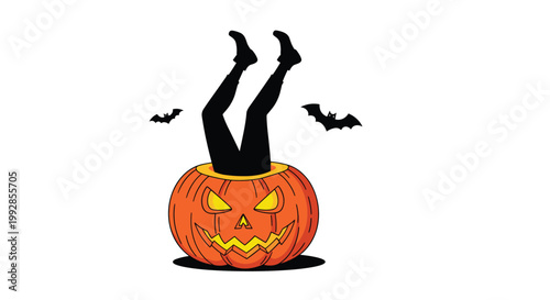 Spooky Halloween illustration of a jack-o-lantern with human legs sticking out of the top, surrounded by flying bats for a horror theme.