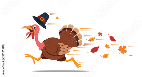 Fast-running turkey wearing a pilgrim hat with autumn leaves trailing behind it, creating a dynamic and festive Thanksgiving illustration.