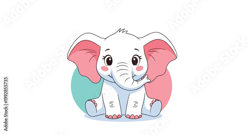 Adorable cartoon illustration of a small white baby elephant with pink ears and rosy cheeks sitting on a colorful bubble background.