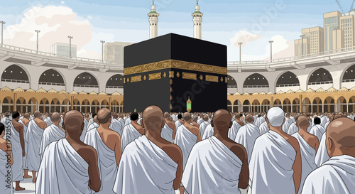 Muslims in Ihram attire gathered around the Kaaba in Mecca, performing the Hajj pilgrimage