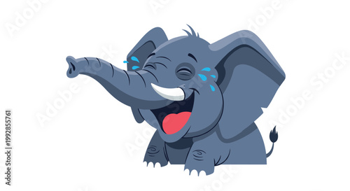 Joyful cartoon elephant laughs out loud with tears of happiness and a wide open mouth in a vibrant and cheerful character design.