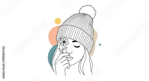 Beautiful girl wearing a winter beanie and holding a delicate flower in a clean line art style with colorful abstract shapes.