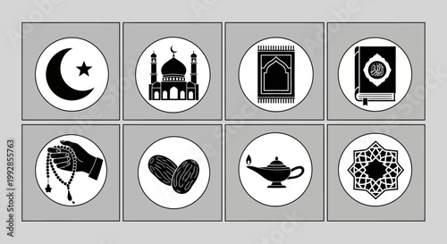 Collection of Islamic cultural symbols and religious icons including a mosque, Quran, prayer rug, and rosary beads