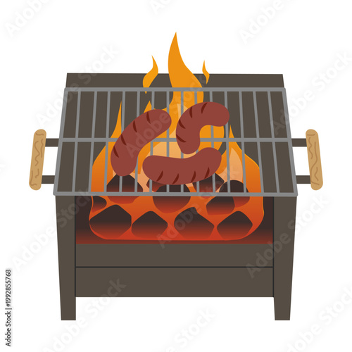 Vector illustration of a charcoal grill with burning flames and three grilled sausages on a wire rack. Professional flat design of BBQ equipment with wood handles and glowing embers. Perfect icon for 