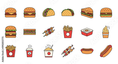 Collection of colorful fast food icons featuring burgers, tacos, fries, and sandwiches isolated on a plain white background for menus.
