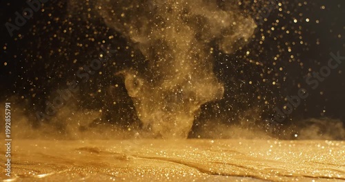 Golden dust particles swirl in the air, creating a magical atmosphere against a dark background