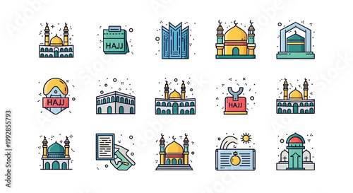 Collection of Islamic icons and symbols, representing Hajj pilgrimage and mosque architecture
