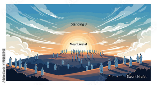 Gathering of people at Mount Arafat during sunrise, a spiritual and communal experience