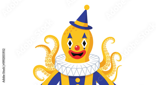 Creative octopus character dressed as a circus clown with a yellow head, red nose, and blue hat in a whimsical sea creature design.