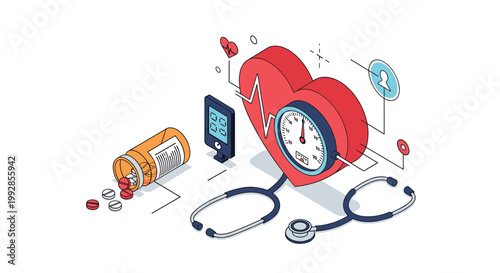 Medical health icons including a heart, blood pressure monitor, stethoscope, and pill bottle for healthcare and wellness concepts.