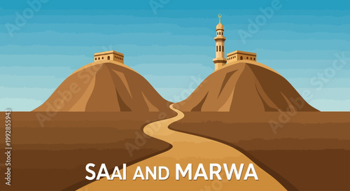 A scenic illustration of the hills of Safa and Marwah, with ancient structures and a path leading between them under a clear sky