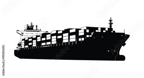 A large container ship depicted in a stark bold black silhouette